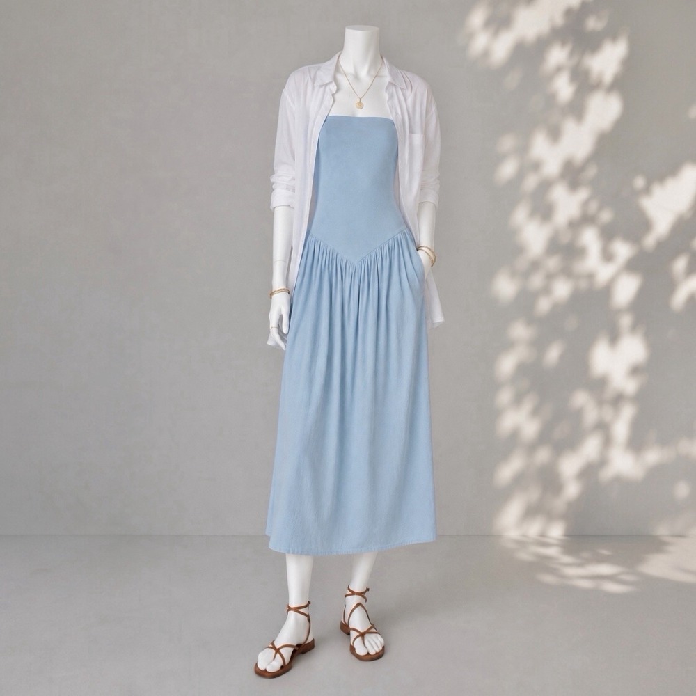 Free People Onda Tube Midi Dress M Light Blue Strapless V Waist Cotton Resort